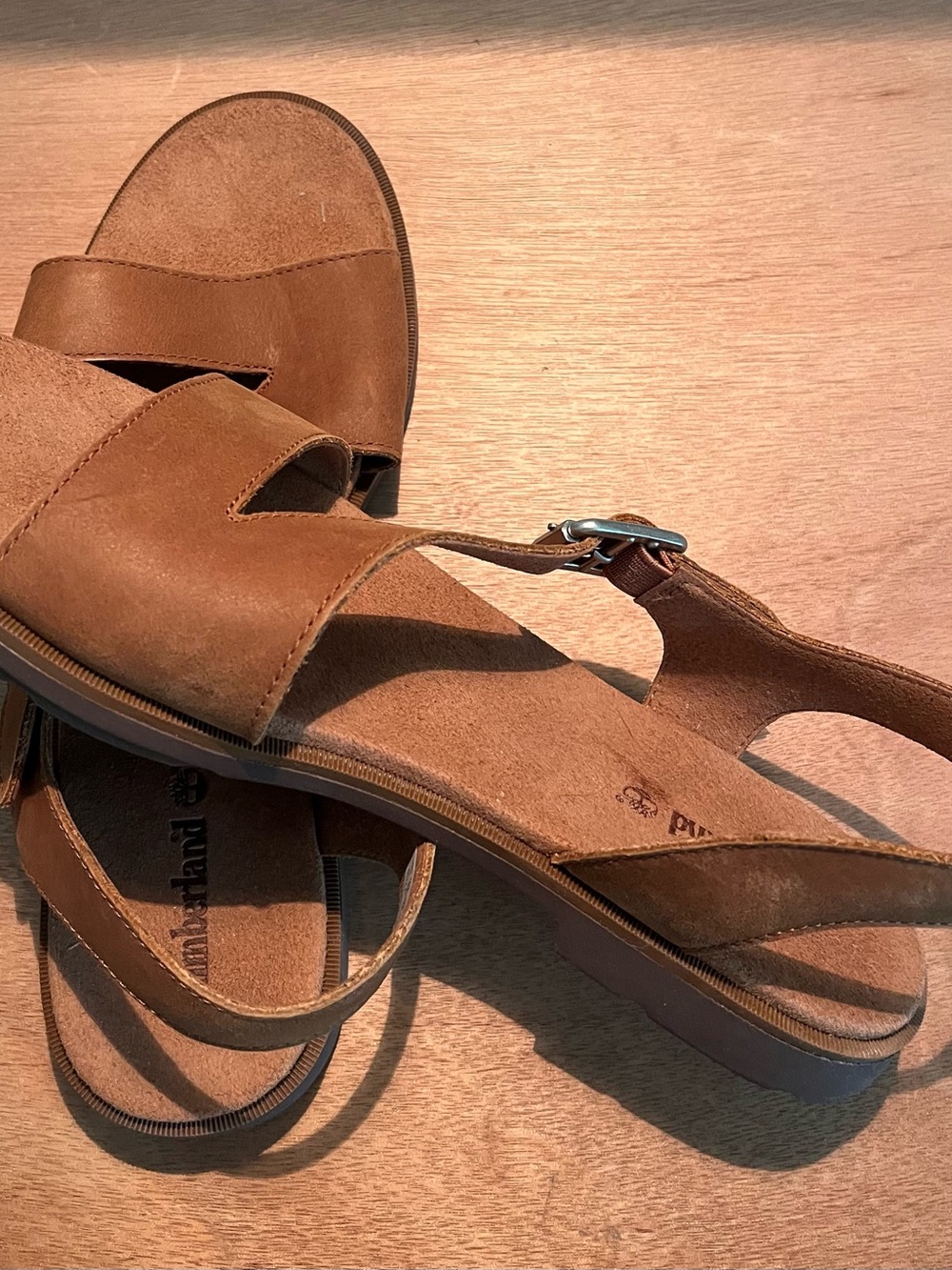Timberland Women's Tan Leather Slide Sandals with Buckle
